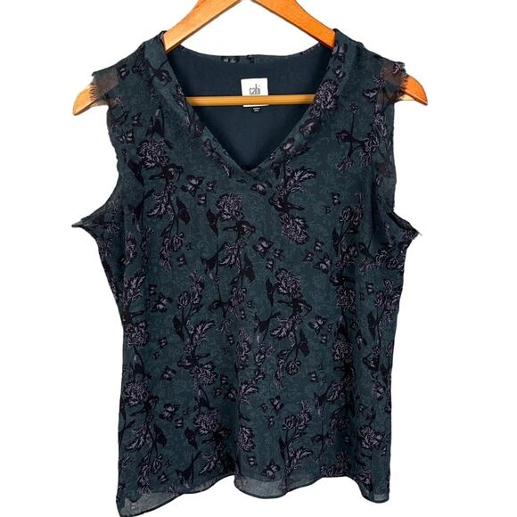 Cabi Evermore Flutter Sleeve Blouse Deep Teal Birds Butterfly Size S #3065 - Picture 3 of 9